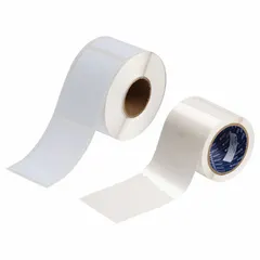 This kit contains white polyester labels with permanent adhesive for creating durable identification markings. The overlaminates protect labels in industrial environments, suitable for use on equipment, pipes, and panels.