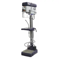 This floor stand drill press features a belt-driven variable speed mechanism with manual downfeed, suitable for boring applications in metalworking and woodworking. It operates on 230V single-phase power, with a speed range of 35 to 4000 RPM. The unit accepts drill bits from 4 in to 5 in and has a capacity of 7-7/8 in.