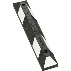 This rubber parking curb measures 3 ft long, 6 in wide, and 4 in high. It is black/white with reflective striping included for visibility. Designed for installation on asphalt using spikes (not included), it helps define parking spaces and prevent vehicle overhang.