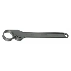 This non-reversible friction spanner ratchet features a round design with a black oxide finish and an overall length of 16 inches. It is used for tightening or loosening round nuts and collars on industrial machinery, such as spindles and shafts, providing a secure grip without damaging components.