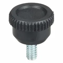 Knurled knob with threaded stud, plastic body and steel thread. Diameter 0.75 in, thread size #10-24, thread length 0.375 in. Used for manual adjustment and clamping on machinery, jigs, and fixtures.