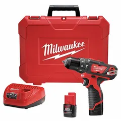 General-purpose cordless hammer drill with 3/8 in keyless chuck and 5/8 in concrete capacity. Two-speed gearbox for drilling into concrete, masonry, wood, and metal. Includes (2) 1.5 Ah batteries.