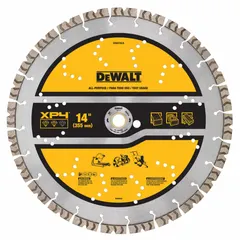 This diamond saw blade is designed for cutting block, brick, and concrete using a power cutter. It supports both wet and dry cutting applications, with a 14-inch blade diameter and 1-inch arbor size.