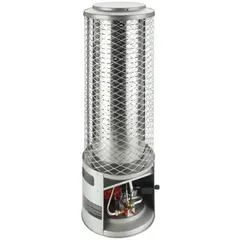Portable gas radiant can heater with 250,000 BtuH output, covering up to 5,900 sq ft. Fuel consumption is 250 cfh. Overall dimensions 44-5/16 in H x 14-5/8 in W x 14-5/8 in D. Suitable for temporary or supplemental heating in large indoor spaces such as warehouses, construction sites, and workshops.