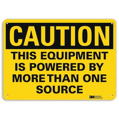 LYLE Caution Sign: Plastic, Mounting Holes Sign Mounting, 10 in x 14 in Nominal Sign Size - Caution: This Equipment Is Powered By More Than One Source Signs