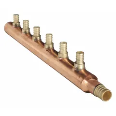 Copper branch manifold with one 3/4 in inlet and six 1/2 in outlets. Rated for maximum operating pressure of 160 psi. Used in plumbing and heating systems to distribute water from a single supply line to multiple branch lines.