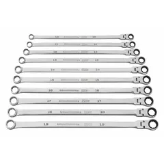 This 10-piece metric wrench set features double-end, 12-point ratcheting box ends with a 0° head offset angle. Constructed from alloy steel with a chrome finish, the set is organized in a tray. Suitable for general fastening tasks in confined spaces where a standard wrench cannot rotate freely.