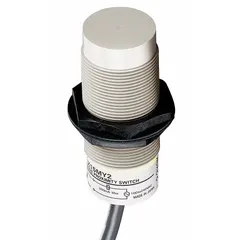 Capacitive proximity sensor with 18 mm cylindrical housing, 3-wire non-terminated cable, and NPN output. Operates on 10-30 VDC supply. Detects metallic and non-metallic objects including liquids, plastics, and powders. Commonly used for level sensing, material handling, and packaging applications.