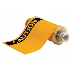 Yellow vinyl label roll with CAUTION header, available in two sizes: 7 in x 10 in and 10 in x 7 in. Features an acrylic adhesive for secure attachment. Compatible with BBP85 printer series for on-demand safety signage in industrial environments.
