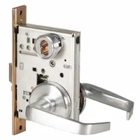 This BEST storeroom lever lockset features a satin chromium-plated stainless steel finish and an interchangeable core. It is ADA compliant with a 45H rose trim and ANSI F07 function, allowing free egress from inside while remaining locked from the outside. Suitable for commercial doors requiring restricted entry