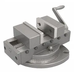 This self-centering milling machine vise features smooth jaws for gripping flat workpieces. With a 6-inch maximum jaw opening and 1-3/4-inch throat depth, it is suited for precision clamping in milling, drilling, and grinding operations.