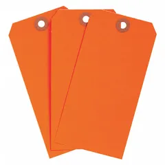 Fluorescent red cardstock shipping tag for identifying and tracking shipments, inventory, or work-in-progress. Measures 5 1/4 in high by 2 5/8 in wide with a 30-point thickness. Supplied in packs of 1,000. The high-visibility color is suitable for safety warnings or urgent handling instructions.