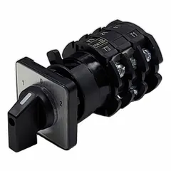 Three-pole cam switch with maintained action for three-phase applications up to 600V. The switch remains in its selected position without continuous operator pressure. Used for reversing motor direction in industrial equipment such as conveyors, pumps, and machinery.