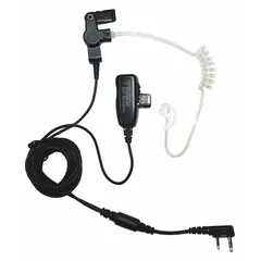 This earpiece is designed for use with Kenwood TK-3400 series radios. It features a clear earbud with two wires and a Two Pin connector. The Push To Talk function allows for hands-free communication. Suitable for security and surveillance applications requiring discreet audio monitoring.