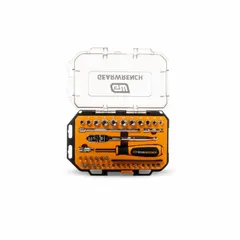 This 39-piece socket set includes 6-point SAE and metric sockets ranging from 9/16 in to 1/4 in, along with socket bits, all on a 1/4 in drive. Suitable for tightening and loosening fasteners in automotive repair, machinery maintenance, and general assembly tasks, particularly in confined spaces.