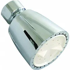 This fixed showerhead features a single regular spray pattern. Constructed of ABS plastic with a chrome finish, it delivers a consistent water flow at 2 gpm. Suitable for standard shower arm installations in residential or commercial bathrooms.