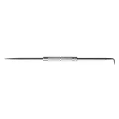 Double-end scriber with a 90° angle tip. Round, aluminum, knurled, nonmagnetic handle. Used for marking lines on metal, plastic, and other materials in layout work.