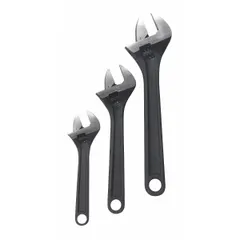 This adjustable wrench set includes three wrenches with jaw capacities of 1 in, 3/4 in, and 1 1/8 in. The wrenches feature a black phosphate finish and are constructed from alloy steel. Suitable for tightening or loosening nuts, bolts, and fittings in general maintenance, plumbing, and mechanical work.