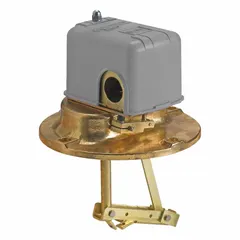Vertically mounted float switch with screw clamp electrical connection and horizontal float rod angle. Features DPST-2NC contacts that close on rising liquid level. Suitable for liquid level detection in industrial tanks and vessels where a minimum media specific gravity of 0.85 is required.