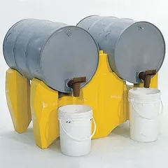 Modular rack base for supporting two drums or containers during dispensing operations. Constructed from polyethylene with a load capacity of 1,500 lb. Suitable for use in industrial facilities, chemical plants, and manufacturing environments where organized drum handling is required.