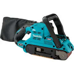 The MAKITA GSB01Z is a cordless belt sander from the 18V LXT series, supplied as a bare tool (battery and charger not included). It accepts 3-inch-wide by 21-inch-long sanding belts and includes one abrasive belt. This sander is used for sanding and finishing wood, metal, and other materials, removing material quickly, smoothing surfaces, and shaping edges in construction, woodworking, and metalworking applications.