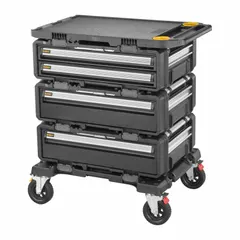 This rolling tool box set is constructed of metal with a black finish. It features an Auto-Latch and latch closure, and includes all-terrain wheels for mobility. Dimensions are 25 13/16 in width, 34 in depth, and 39 in height. Suitable for transporting and organizing tools on job sites.