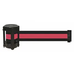 This replacement belt cassette is designed for use with compatible barrier post systems. It features a horizontal stripe pattern with no legend and includes a receiver and tape end piece. The cassette has a 4-inch overall height and a 7 1/2-foot belt length. It is used to create visual and physical pedestrian barriers for crowd control and access restriction.