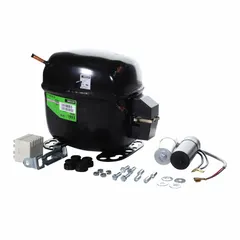 Hermetic reciprocating compressor for R-404A refrigerant systems. Provides 3000 BtuH cooling capacity with a 3/4 hp motor. Discharge line connection size is 1/4 in. Suitable for commercial refrigeration applications such as reach-in coolers and freezers.