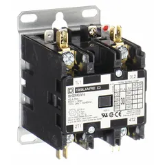 This SQUARE D definite purpose contactor is a 2-pole, non-reversing unit rated for 30 A with a 24V AC coil. It features a 2NO main pole contact form and a maximum voltage rating of 600V AC. The contactor uses quick-disconnect terminals and is designed for HVACR applications such as controlling compressors, fans, and pumps in commercial and industrial equipment.