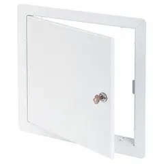 Steel locking access door for wall mounting. 14 in width, 16 ga steel with white finish. Hidden pin hinge and exposed flange design. Provides secure, concealed access to mechanical, electrical, or plumbing systems.