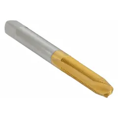 General purpose spiral-point tap for threading M3x0.5 metric threads. Features a D3 plug chamfer, 2-flute design, and TiN-coated high-speed steel construction. Suitable for through or blind hole tapping in a range of materials for production and maintenance applications.