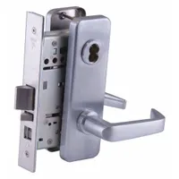 Chrome-finished office lever lockset with interchangeable core and ADA-compliant lever operation. Features F04 function for key-retained locking from exterior and free egress from interior. Suitable for interior commercial doors in offices and meeting rooms