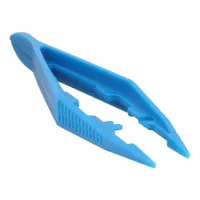 Plastic tweezers with serrated tips for grasping debris or splinters in first-aid and medical settings. Blue color for easy identification. Overall length 4 1/4 inches. Lightweight and non-conductive