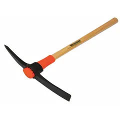 This pick mattock features a steel head with a 10 1/2 in adze and a 10 1/2 in pick, mounted on a wood handle. Suitable for breaking up hard soil, rock, and other ground-breaking tasks in construction and landscaping.