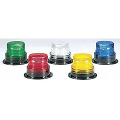Wired strobe light with blue lens for visual warning applications. Operates on 12 to 48V DC. Overall diameter 5 in, overall height 3 5/8 in. Designed for ceiling mounting in industrial facilities, warehouses, and plants to signal alarms, equipment status, or safety alerts.