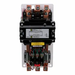 This non-reversing magnetic motor starter is designed for three-phase motor control applications such as pumps, conveyors, and compressors. It is a NEMA Size 5 unit rated at 270 A with a 110/120V AC coil and three poles. The starter features screw clamp terminals and requires three melting alloy thermal units (not included). It has no auxiliary contacts, operator controls, or pilot light.