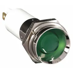 Green LED pilot light with protruding head for 12 mm panel mounting hole. Features a 0.11 Male Quick Disconnect electrical connection. Used in industrial control panels, machinery, and automation systems to indicate equipment status such as power-on or operational mode.