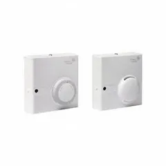 Wall-mount sensor for monitoring and controlling indoor temperature and relative humidity in HVAC systems. Measures temperature from 50°F to 95°F via a 1k ohm Nickel element and relative humidity from 0 to 100% with ±3% accuracy. Provides dual output signals of 0 to 10V DC and 0 to 5V DC. Housed in a plastic enclosure with screw terminal electrical connections.