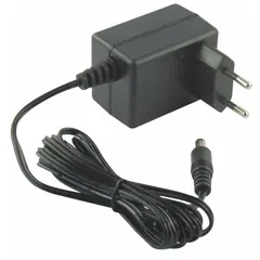 This DC output power supply converts 230V AC input to 9V DC output with 222 mA current. It is unregulated, features a European country plug, and has a negative polarity output plug with a 2.1 x 5.5 x 10 mm tip. Suitable for powering low-voltage devices such as sensors, relays, or small electronics.