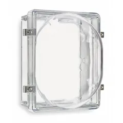 Clear polycarbonate guard designed for indoor wall-mounted strobe units. Surface mount installation with included hardware. Water resistant for protection in damp environments. Overall depth 8 1/2 in.