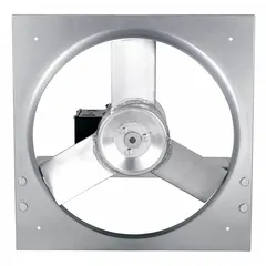 This standard direct-drive panel exhaust fan features a 16-inch blade, 1/4 hp totally enclosed air-over motor, and delivers 2926 cfm. It operates on 208-230/460V AC, 3-phase power, with a galvanized steel frame and Class B insulation. Suitable for general ventilation in industrial and commercial spaces.