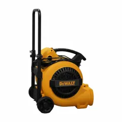 This DEWALT portable centrifugal blower features a 3/4 hp motor operating at 115V AC with three speeds, delivering 1800 cfm. The polypropylene housing allows for both horizontal and vertical operation. It is suitable for ventilation, drying, and air movement in construction and industrial settings.