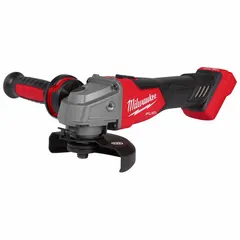 This Milwaukee cordless angle grinder operates on 18V DC with a brushless motor and barrel grip. It accepts 4-1/2-inch and 5-inch wheels and features a standard head and anti-kickback clutch. Suitable for cutting, grinding, and surface preparation on metal and masonry in fabrication, maintenance, and construction.