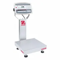 Bench scale with column-mounted indicator, featuring a 12 in x 12 in stainless steel weighing surface. Capacity 50 lb, readability 0.002 lb/1 g. Equipped with analog output connection port. Rated IP67/IP68 for protection against water and dust ingress, suitable for industrial weighing applications in wet or dusty environments
