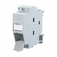 This unequipped termination unit is a polyamide housing for one RJ45 connector, designed for DIN rail mounting at a 45° angle. It accommodates coax connections and is used in industrial control panels and network infrastructure to organize and protect cable terminations