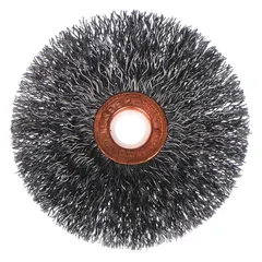 Crimped stainless steel wire wheel brush for light cleaning of stainless steel surfaces. Removes oxidation, light rust, and weld discoloration without contamination. 3" diameter, 5/8" width, 1/2" arbor, 0.014" fill. Supplied in a 50-pack.