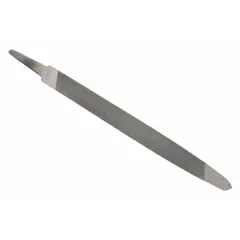 Triangular file with single-cut, smooth cut pattern. 6 in length without tang, 5/16 in width. Tapered shape for precision filing of internal angles, keyways, and sharpening saw teeth.