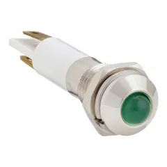 Green LED indicator pilot light with raised head and M08 thread. Features a 0.11 male quick disconnect electrical connection. Used for visual status indication on industrial control panels and equipment.