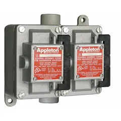This two-gang rocker-arm tumbler switch is a 3-way type rated 20 A at 277 V AC. It features a feed-thru hub with 3/4 in hub size. Used for on/off control of lighting or equipment from two locations in industrial environments.