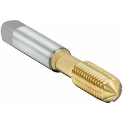 Thread-forming tap for creating internal threads in ductile materials without cutting, reducing chip buildup. Features M8x1.25 metric thread, D9 / 6H tolerance, plug chamfer, and TiN-coated high-speed steel construction. Suitable for through or blind holes in ferrous and non-ferrous materials.